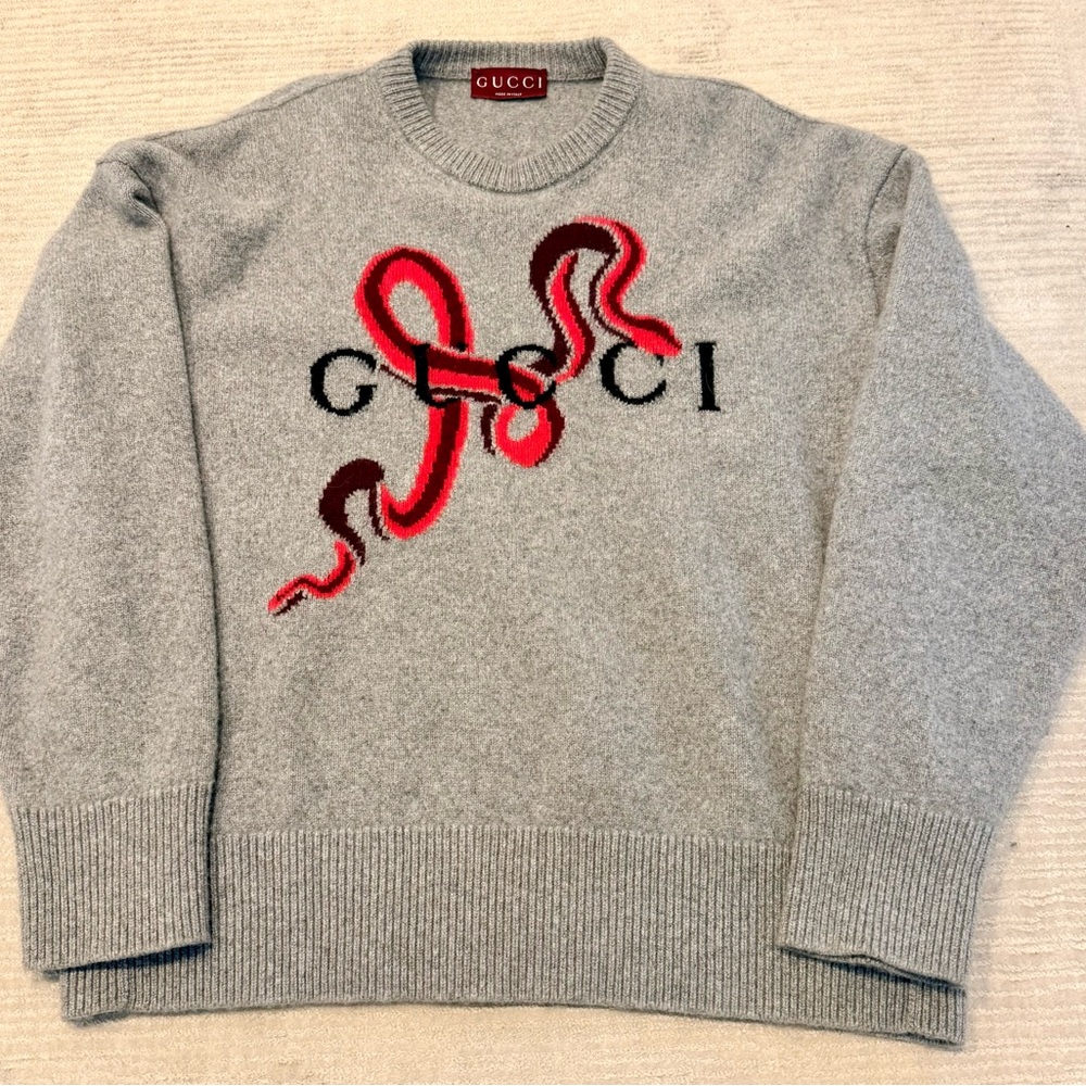 Gucci Gray Crewneck Sweater with Red Design